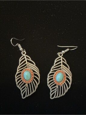 Turquoise & Coral pearl Leaf Drop Earrings - Silver Tone